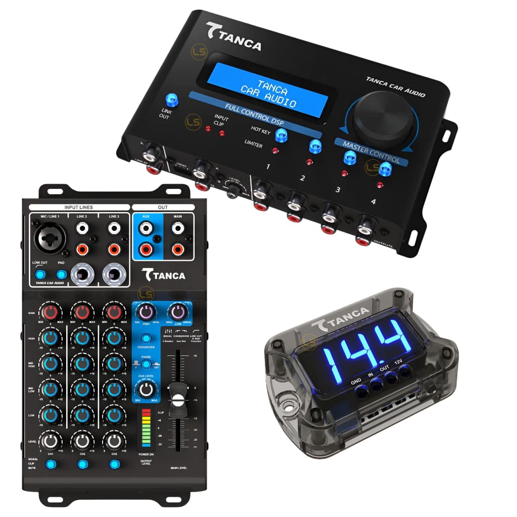 KIT/CM Processador de Áudio 4 Ch Crossover + Voltímetro Digital Safety 12V Som Automotivo Tanca + Mesa De Som Automotivo