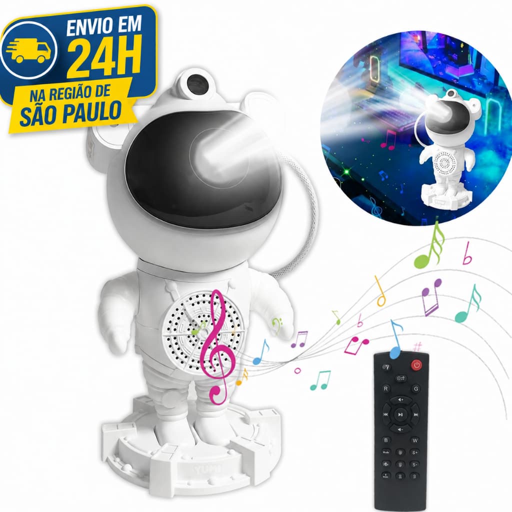 Projetor Astronauta Galáxia com Caixa de Som Bluetooth Controle Remoto Luz Noturna LED