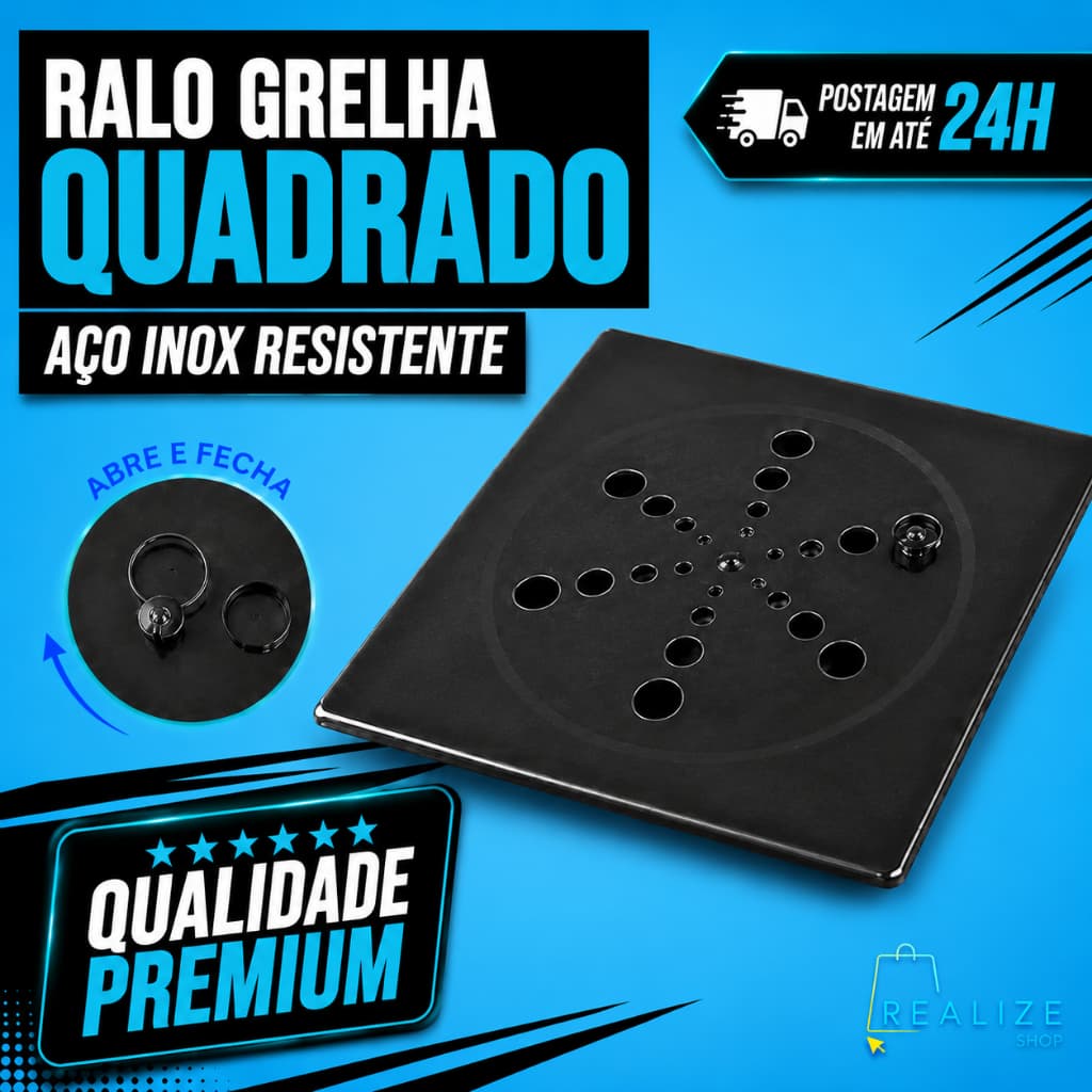 Grelha Ralo Quadrado 15x15 cm Aço Inox Preto Fosco – Design Moderno e Resistente Abre e Fecha
