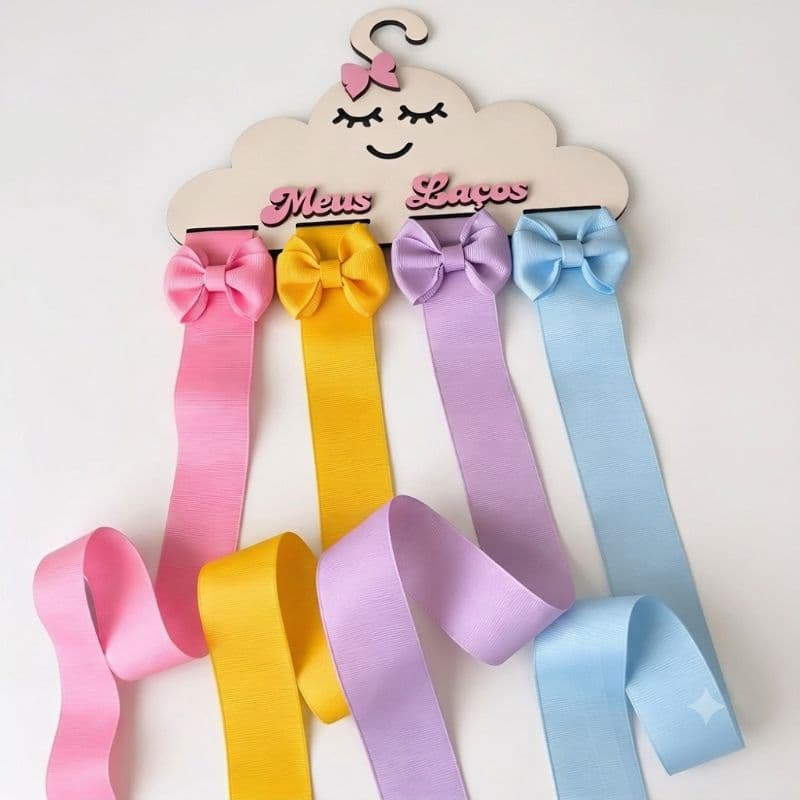 Organizador de Laços Infantil em MDF | Cabide Porta Laços com 4 Fitas de 60cm | Suporte para Laços de Cabelo