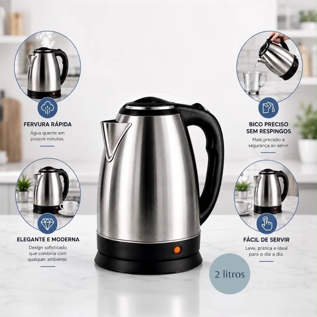 Chaleira Eletrica Aço Inox 2 Litros Desligamento Automatico 110v e 220v