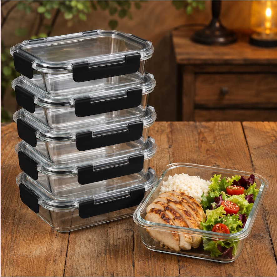 Kit Marmitas de Vidro Herméticas 640ml Borossilicato Tampa Trava Potes Freezer Micro-ondas Forno