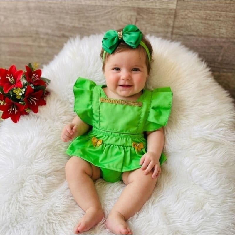 Romper Sininho, Fiona + Faixa De Cabelo Body Jardineira Bebê Menina Verde Mêsversário Ensaio
