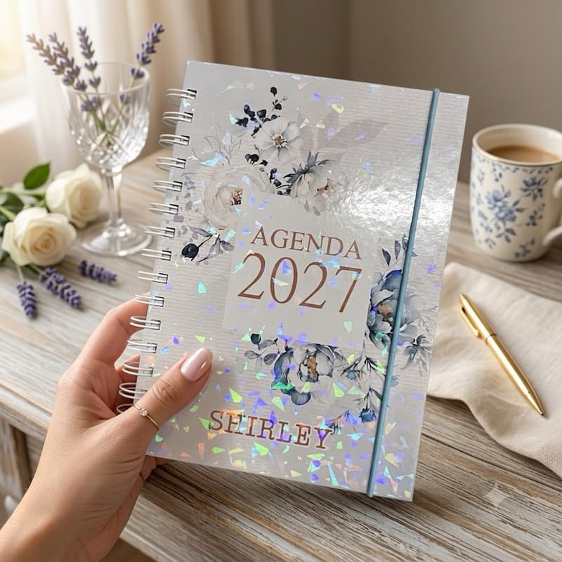 Agenda 2027 Floral Azul Personalizada A5 | 1 ou 2 Dias por Página com Elástico