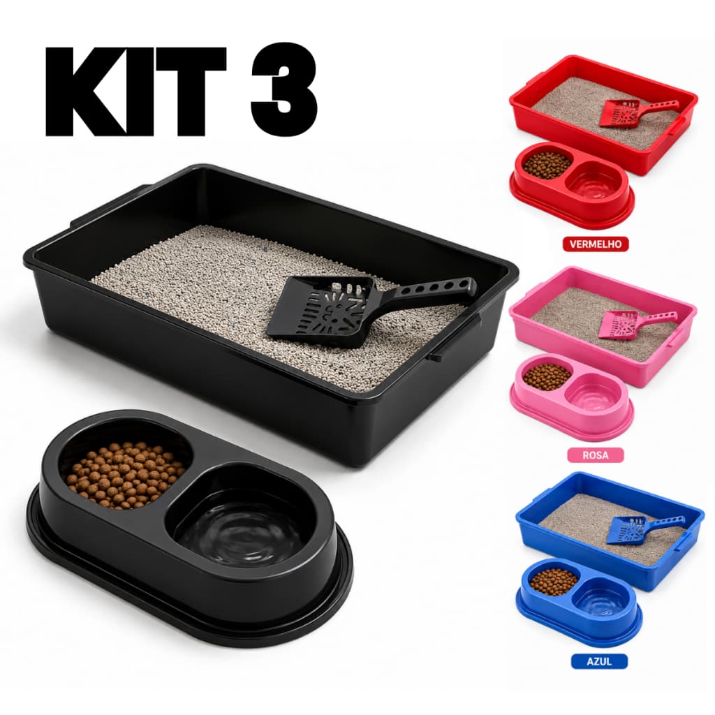 Kit Caixa de Areia para Gatos Bandeja + Comedouro + Pá Higiênica resistente para pets