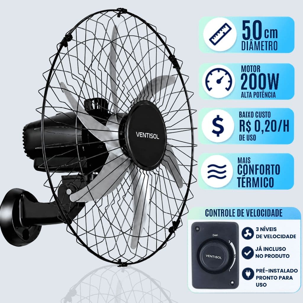 Ventilador Osc Parede 6 Pás 50cm 200w Bivolt Steel Ventisol Para Loja Galpão Academia Igreja Escola