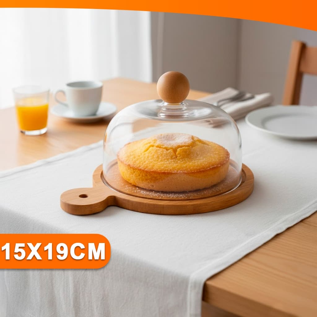 Tábua com Tampa Transparente Boleira Queijeira 19cm Mini Bandeja Decorativa MDF e Plástico Importadora Util