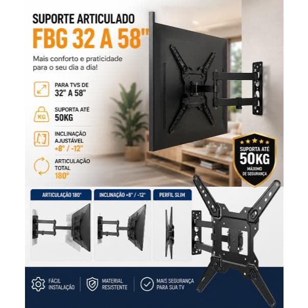 Suporte Articulado Para Tv 32 a 58 polegadas Inclinado Reforçado Suporta 50kg Preto