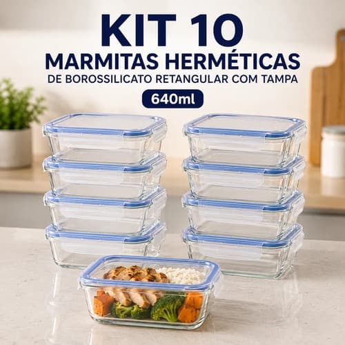 Kit 10 Marmitas herméticas 640ml Fitness Vidro borossilicato vedação armazenamento