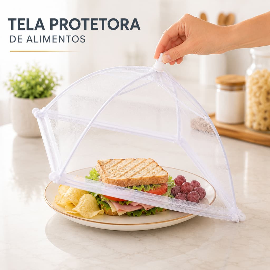 Tela Protetora de Alimentos 32cm Dobrável Branca Para Cozinha Picnic