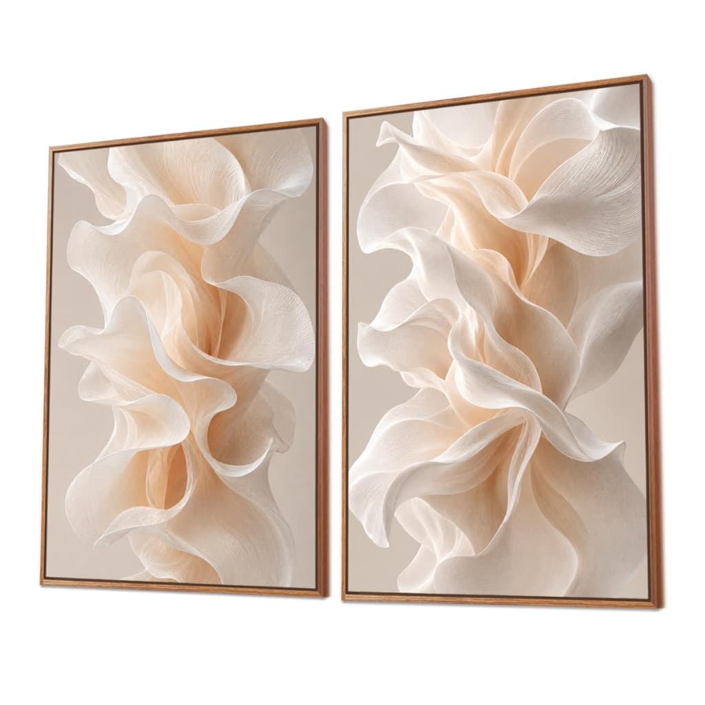 Kit 2 Quadro Decorativo Branco Arte em Movimento Tom Pastel Bege Neutro Branco 93cm