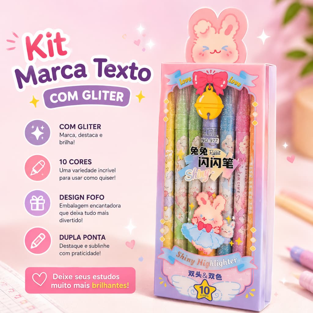 Kit 5 Marca-Textos Pastel Dupla Ponta | 10 Cores Kawaii