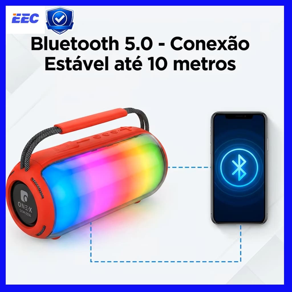 Caixa de Som Bluetooth ONE-X SOM-0536 20W IPX6 À Prova D'água Luz RGB Portátil Alça Reforçada Bateria