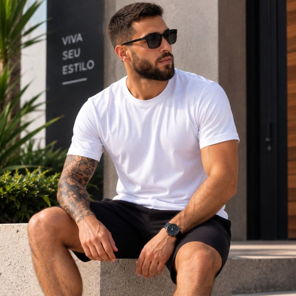 Camiseta Masculina de Algodão Básica Lisa com Costuras Reforçadas Ombro a Ombro Trabalho Casual