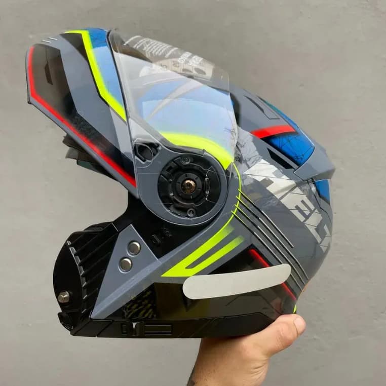 Capacete Escamoteável Helt Power Cinza Azul Brilhante 56 Com Óculos Interno Fumê