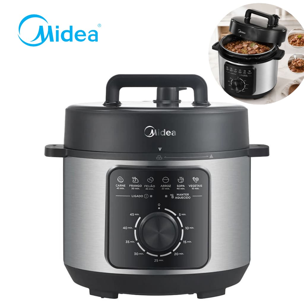 Panela de Pressão Elétrica Midea 220V 4 Litros Mecânica Antiaderente Black Stone Aço Inoxidável