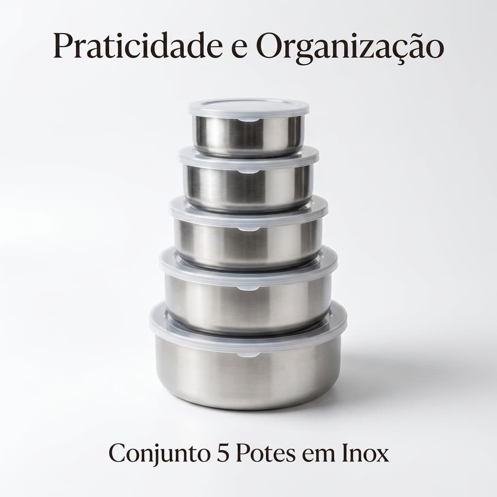 Conjunto 5 Potes Herméticos Inox Redondos Com Tampa Kit Mantimentos Pronta Entrega