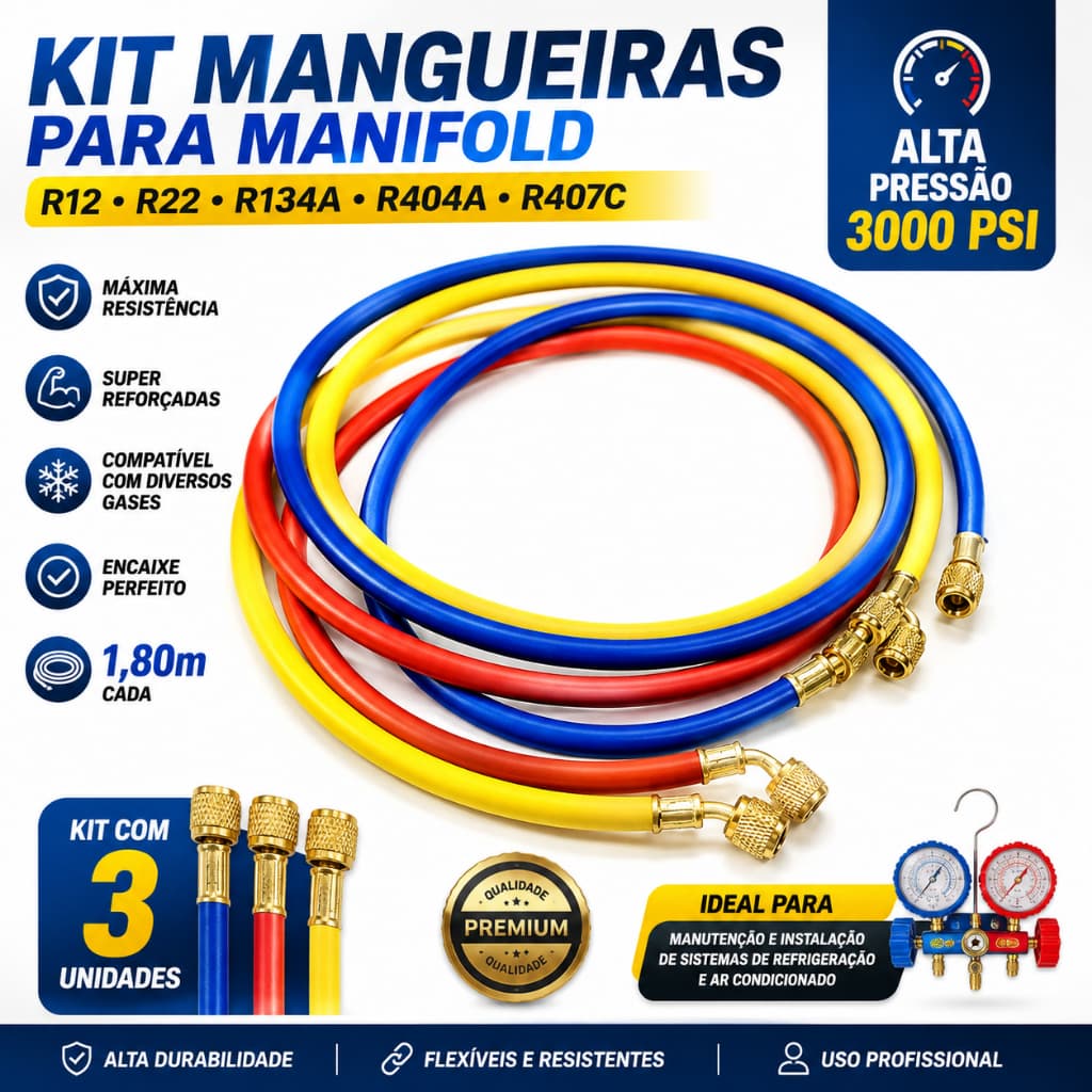 Kit 3 Mangueiras para Manifold 180CM R12 R22 R134A R404A R407C 2500 PSI ALTA PRESSÃO Refrigeração / Ar Condicionado