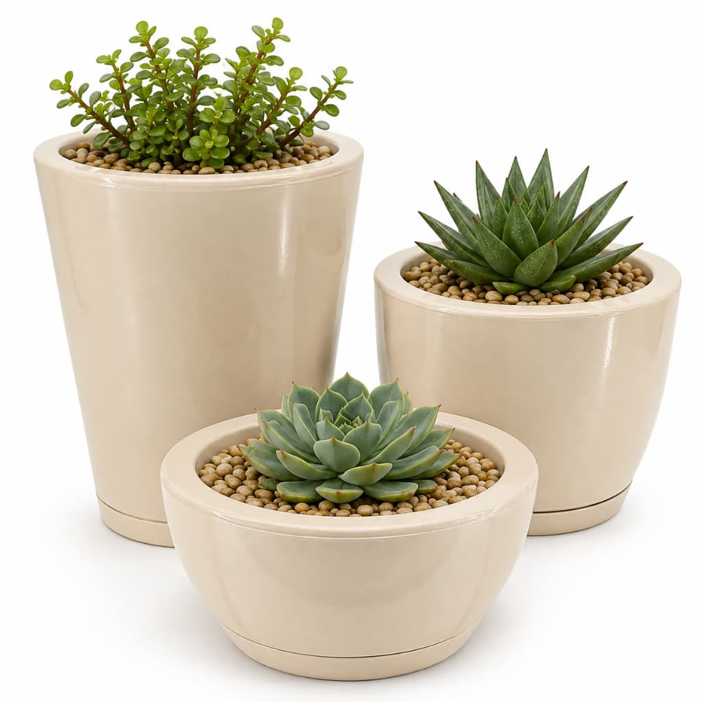 Kit Com 3 Vasos Decorativo de Planta Pólido Com Prato Cone + Bojo + Bacia
