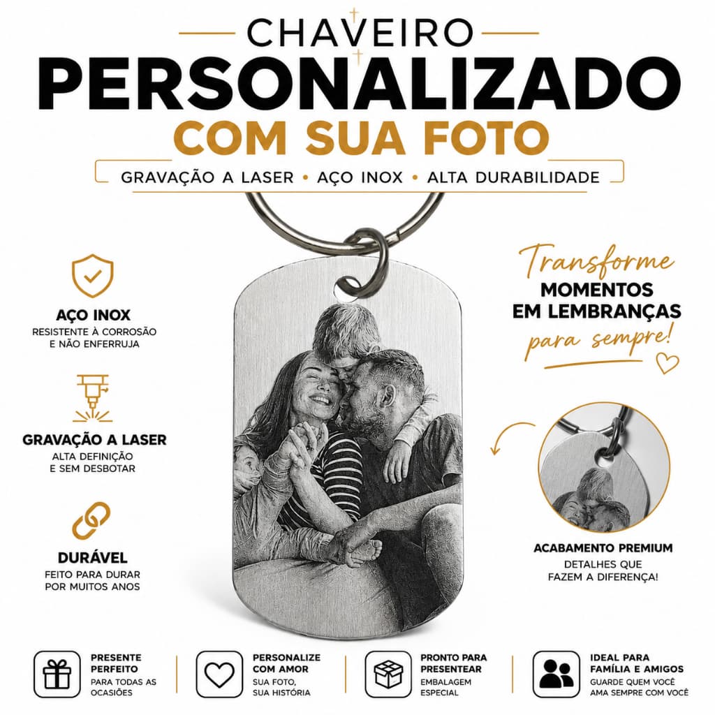 Chaveiro Personalizado com Foto | Aço Inox | Gravação a Laser Permanente | Presente Especial