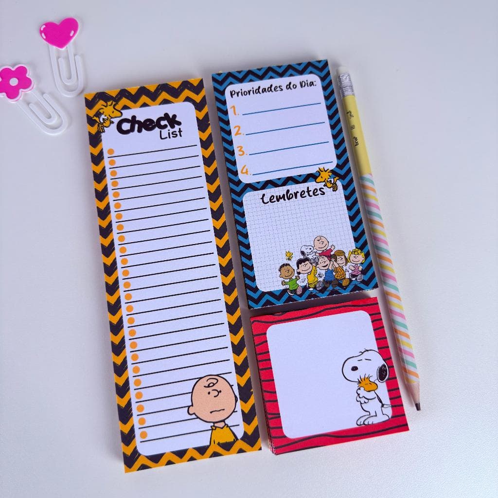 Kit 3 Bloquinhos de Notas Snooopy Kawaii Fofo Check List + Lápis Trio Bloquinhos Organização SEM COLA