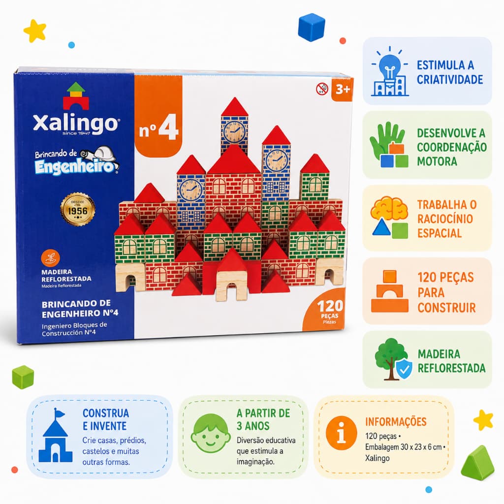 Brincando de Engenheiro 120 Peças Madeira Xalingo Blocos de Montar Educativo Infantil