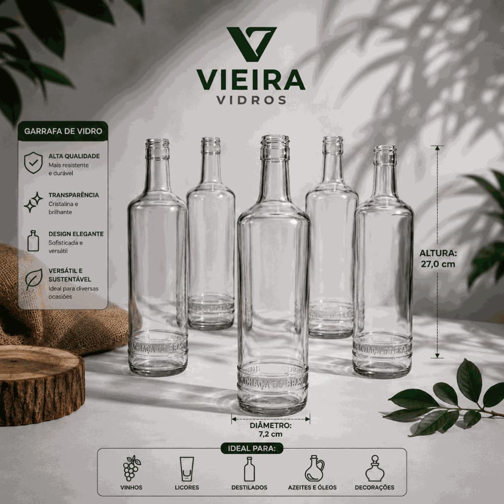 Kit 12UN Garrafa de Vidro Cachaça  Do Brasil 700ML + Tampas.