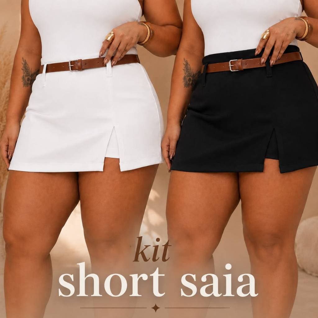 KIT SHORT SAIA ALFAIATARIA PREMIUM PLUS SIZE COM CINTO VESTE G1 G2 G3