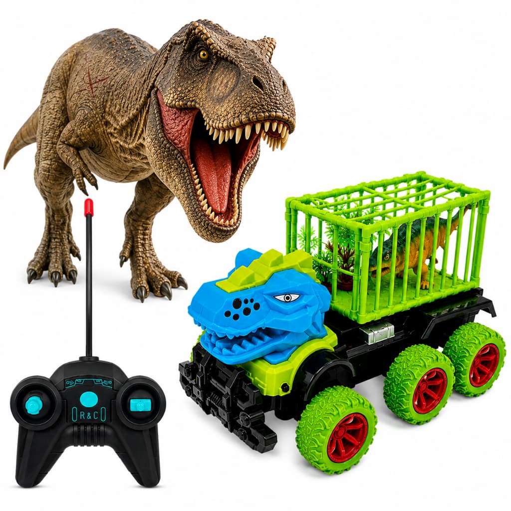 Caminhão Carrinho transporte Dinossauro Dinotruck Com Controle remoto 7 funções Bateria Recarregável Infantil