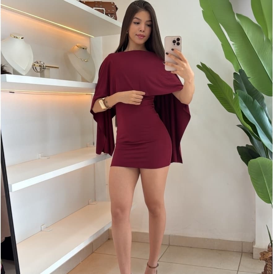 Vestido feminino Curto Manga Capa Drapeado Justo Elegante Tamanho Unico
