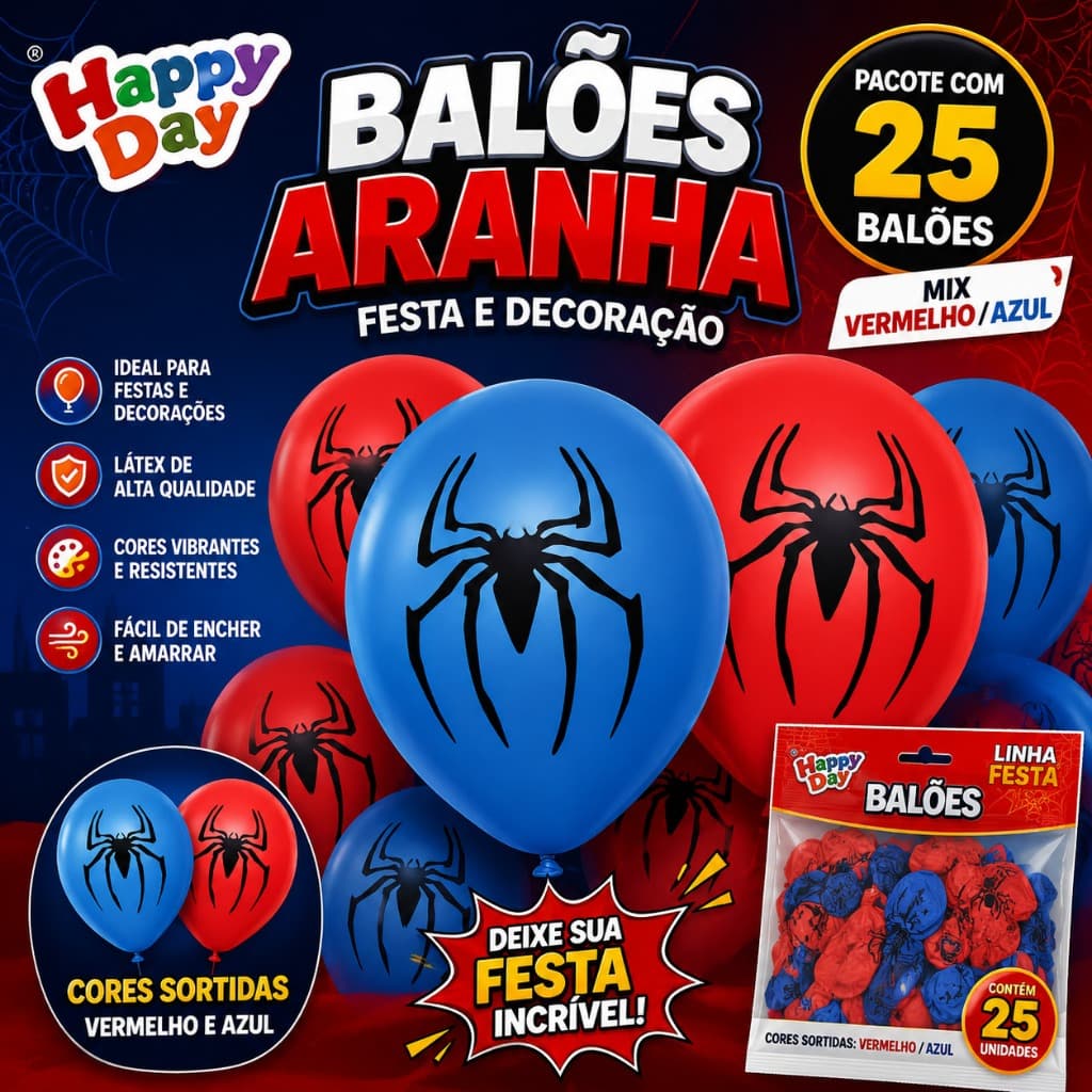 25 Balão Bexiga FESTA E DECORAÇÃO Homem Aranha Azul e Vermelho Sortido 11 pol Redondo 30CM PROX.