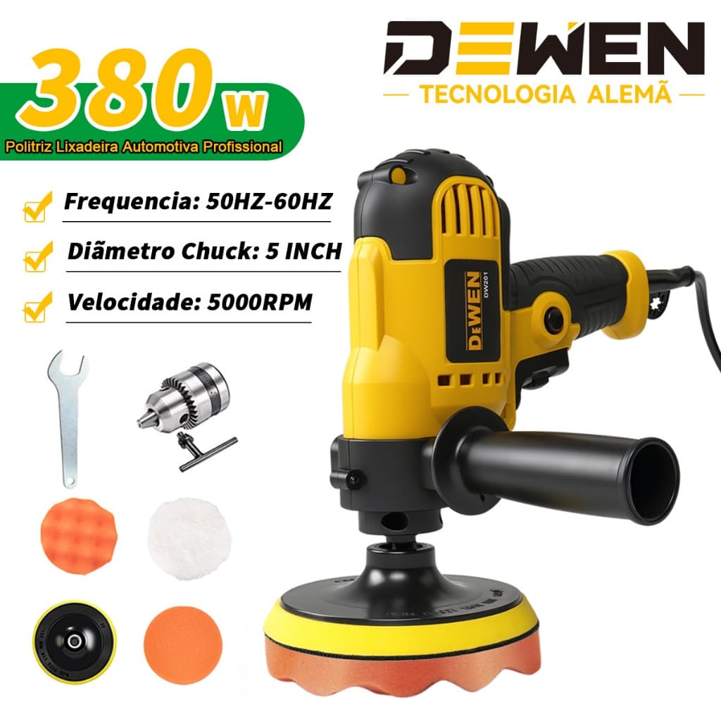 Politriz Lixadeira Automotiva Profissional 380W DEWEN profissional 5000RPM 110V/220V Acessórios completos