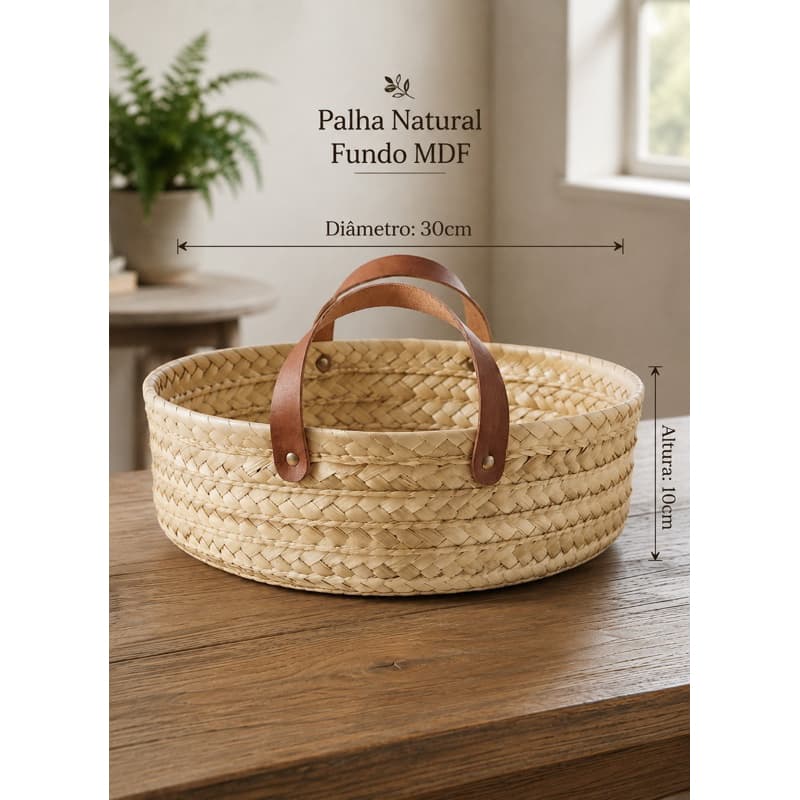 Cesto de Palha Artesanal 30x10 com Fundo MDF e Alça de Couro Porta Pão, Organizador e Decorativo