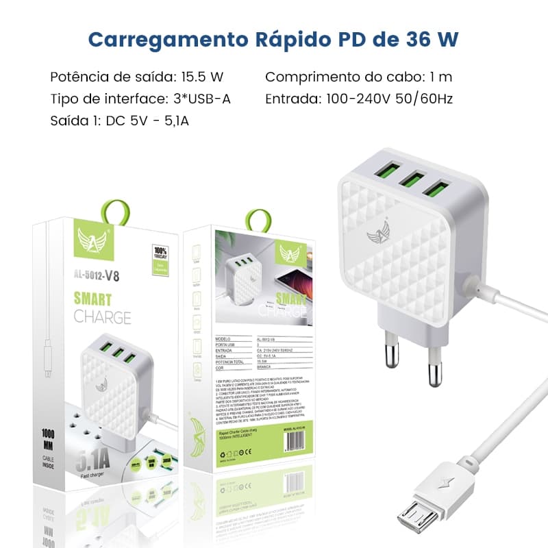 Carregador USB LTOMEX com 3 Portas para Múltiplos Dispositivos