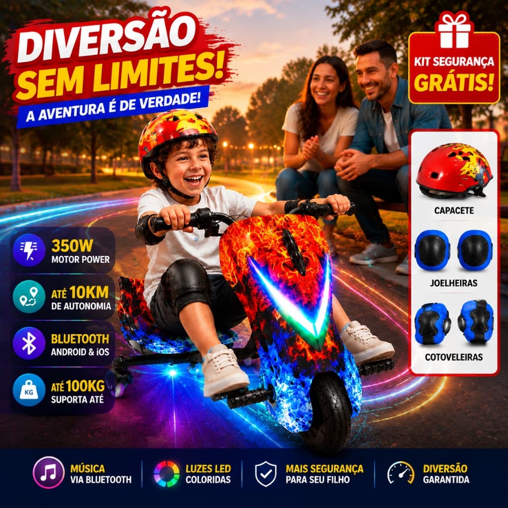 Ambito Dlux Triciclo Elétrico Infantil Drift 350W 10KM Bluetooth Android iOS + Kit Proteção Completo