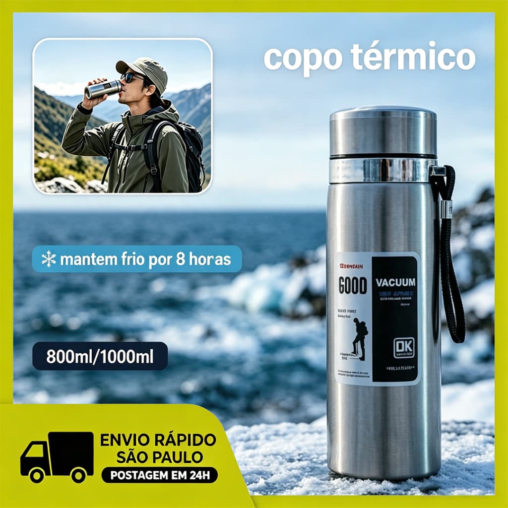 Copo Térmico 800ml / 1000ml – Mantém Frio por 8 Horas – Ideal para Viagens e Dia a Dia