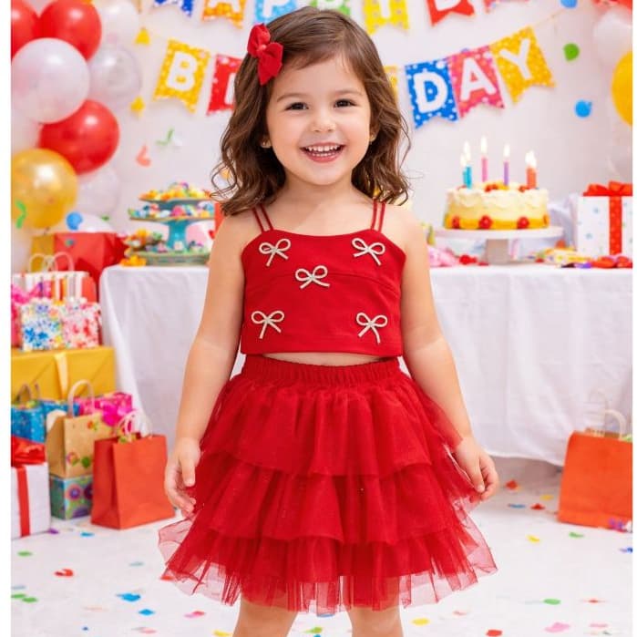 Conjunto Infantil Juvenil Vermelho Cerejinha e Branco Luxo