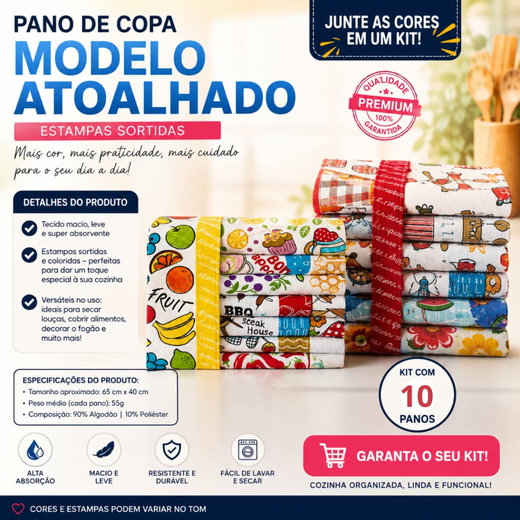 Kit 10 Panos de Prato Atoalhados Estampados Alta Absorção Macio para Copa e Cozinha