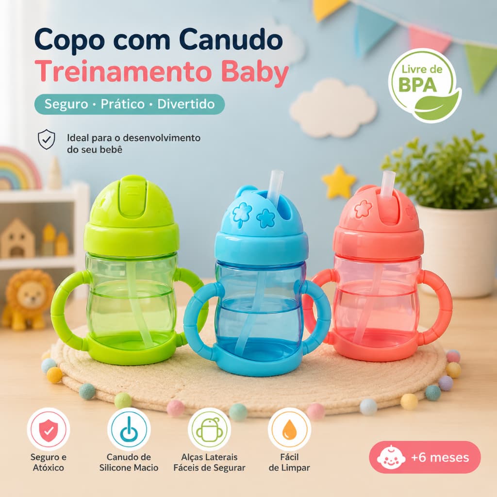 Copo Treinamento Infantil 220ml Com Canudo Silicone Alça Antivazamento Bebê BPA Free ENVIO IMEDIATO