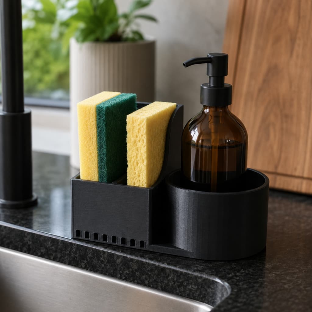 Organizador de Pia Preto Porta Detergente Sabão Bucha Esponja com Dreno de Água Compacto Cozinha