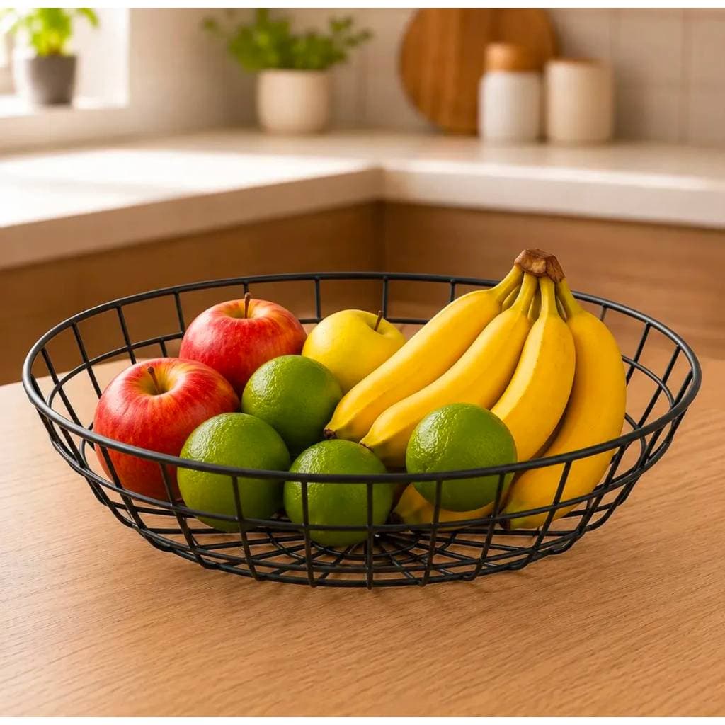 Cesta Fruteira de Mesa Preta Multiuso Organizador Redonda Cozinha