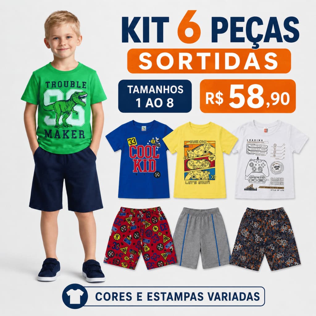 Kit 6 Peças Sortidas Infantil Menino 3 Camisetas + 3 Bermudas Tamanho 1 ao 8 Escola Presente Anivers