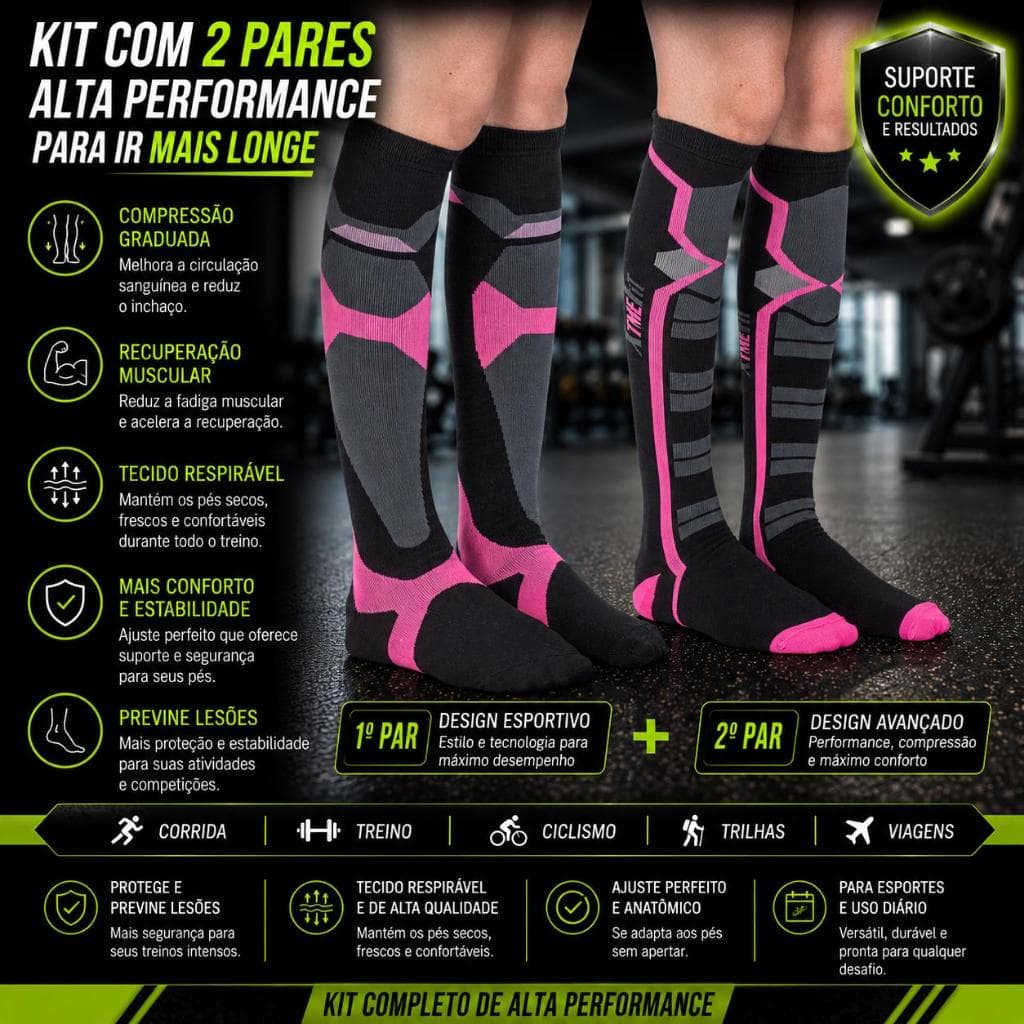 Kit 2 Pares de Meias Compressão para Varizes e Para Pratica De Crossfit Ciclismo Corrida  Feminina