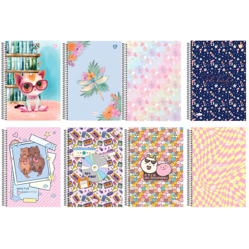 KIT com 4 cadernos Universitário Feminino Espiral BOMD+ 15 Matéria 20x27,5cm 240 Folhas Animativa