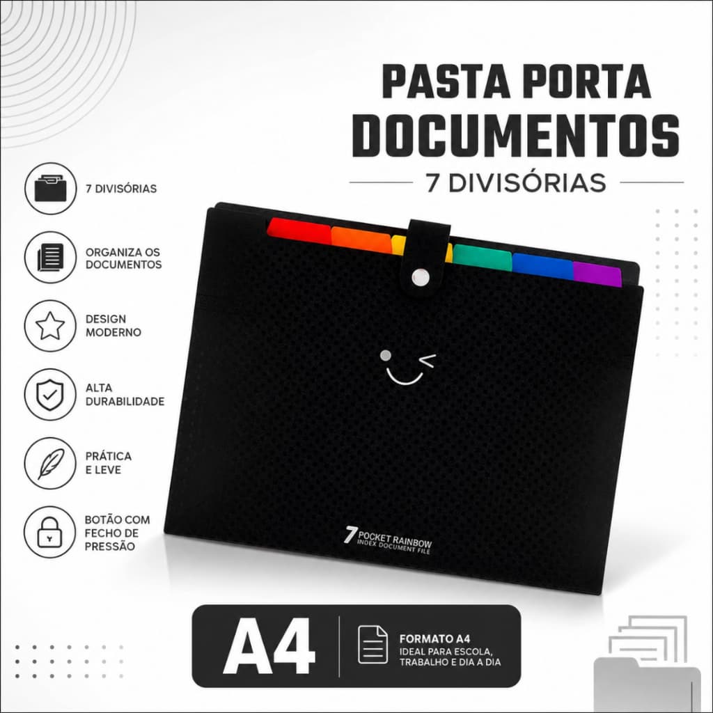 Pasta Sanfonada A4 PVC Preta 7 Divisórias Porta Documentos