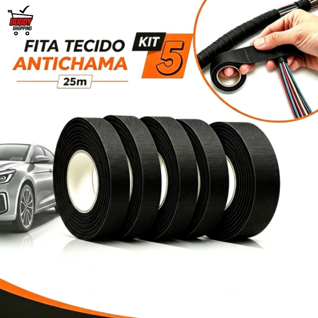 Kit 5 Fita Isolante Tecido Lonada Antichama 30M Para Chicote Automotivo Fios e Cabos