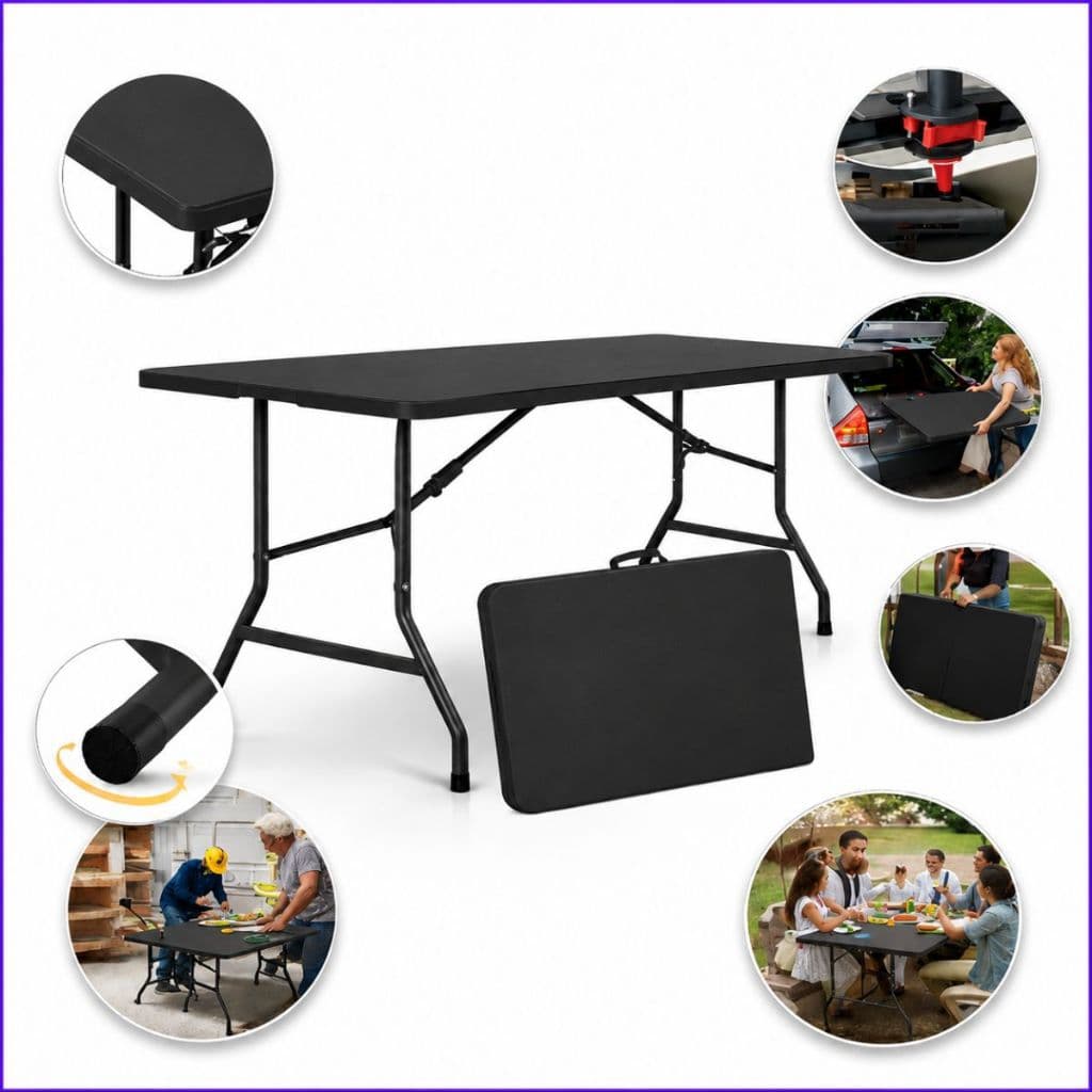 Mesa Dobrável Vira Maleta 1,80m Portátil Com Alça Resistente Camping Festa Churrasco Jardim Suporta 150kg Preto