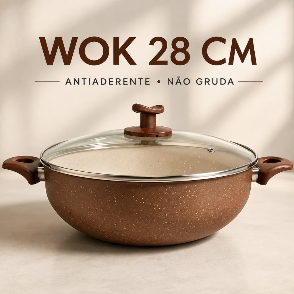Panela Wok 28cm 4,1L Antiaderente Não Gruda com Tampa de Vidro e Revestimento Cerâmico