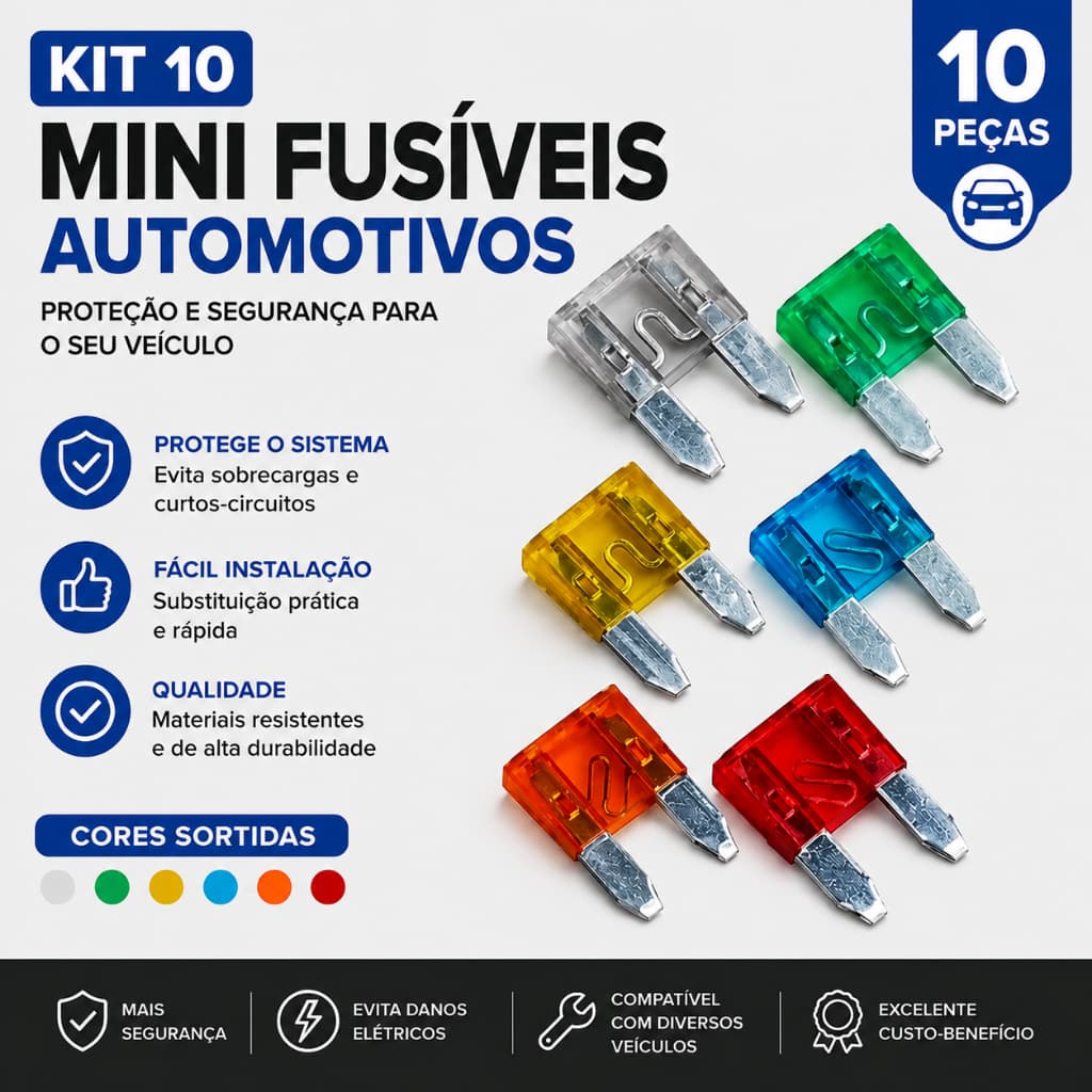Kit 10 Mini Fusíveis Automotivos Lâmina para Carro e Moto 5A 7,5A 10A 15A 20A 25A 30A