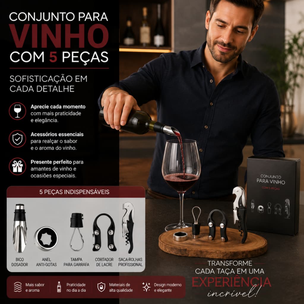 Kit Abridor de Vinhos 5 Peças Profissional – Saca Rolhas, Bico Dosador, Anel Cortador Lacre e Tampa.